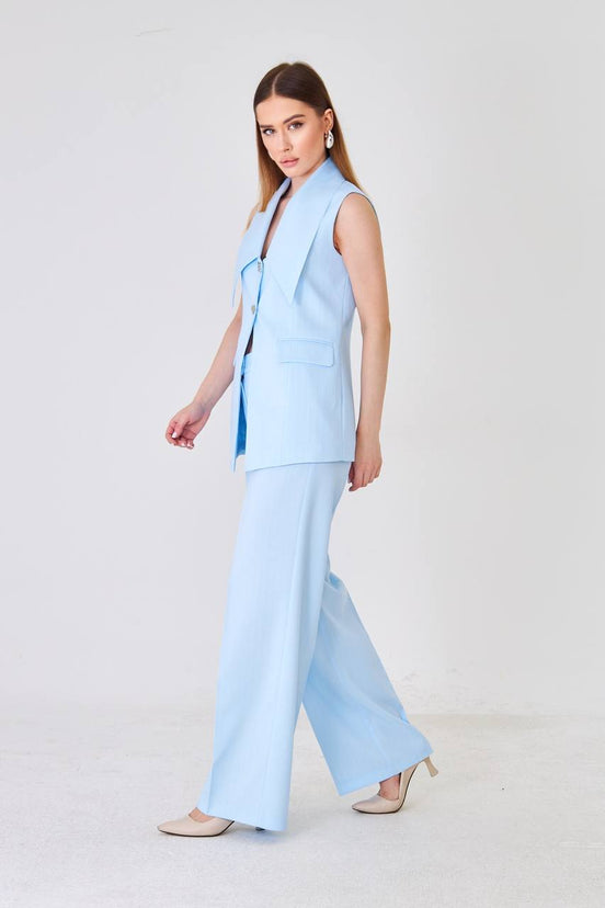 Baby Blue Longline Vest Wide Leg Pants Suit Set