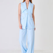 Baby Blue Longline Vest Wide Leg Pants Suit Set