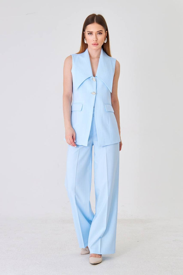 Baby Blue Longline Vest Wide Leg Pants Suit Set