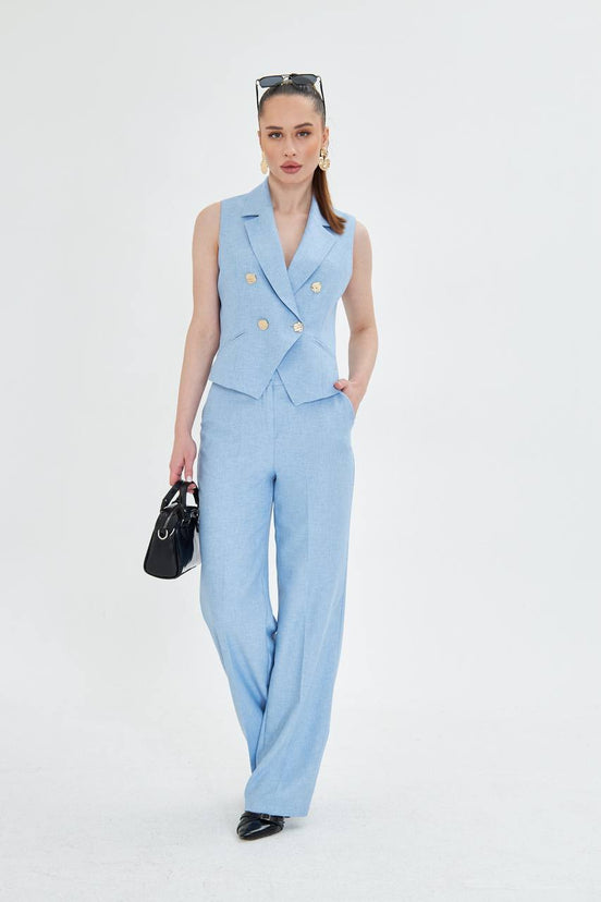 Baby Blue Sleeveless Vest & Wide Leg Pants