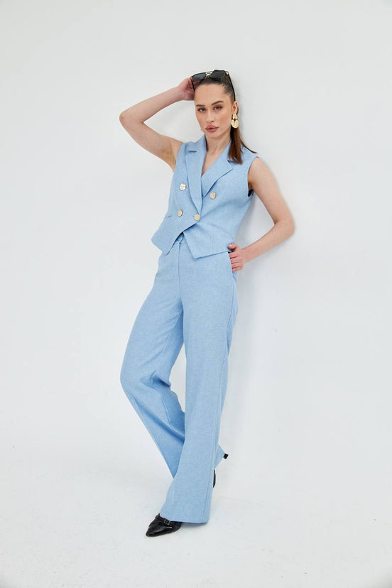 Baby Blue Sleeveless Vest & Wide Leg Pants