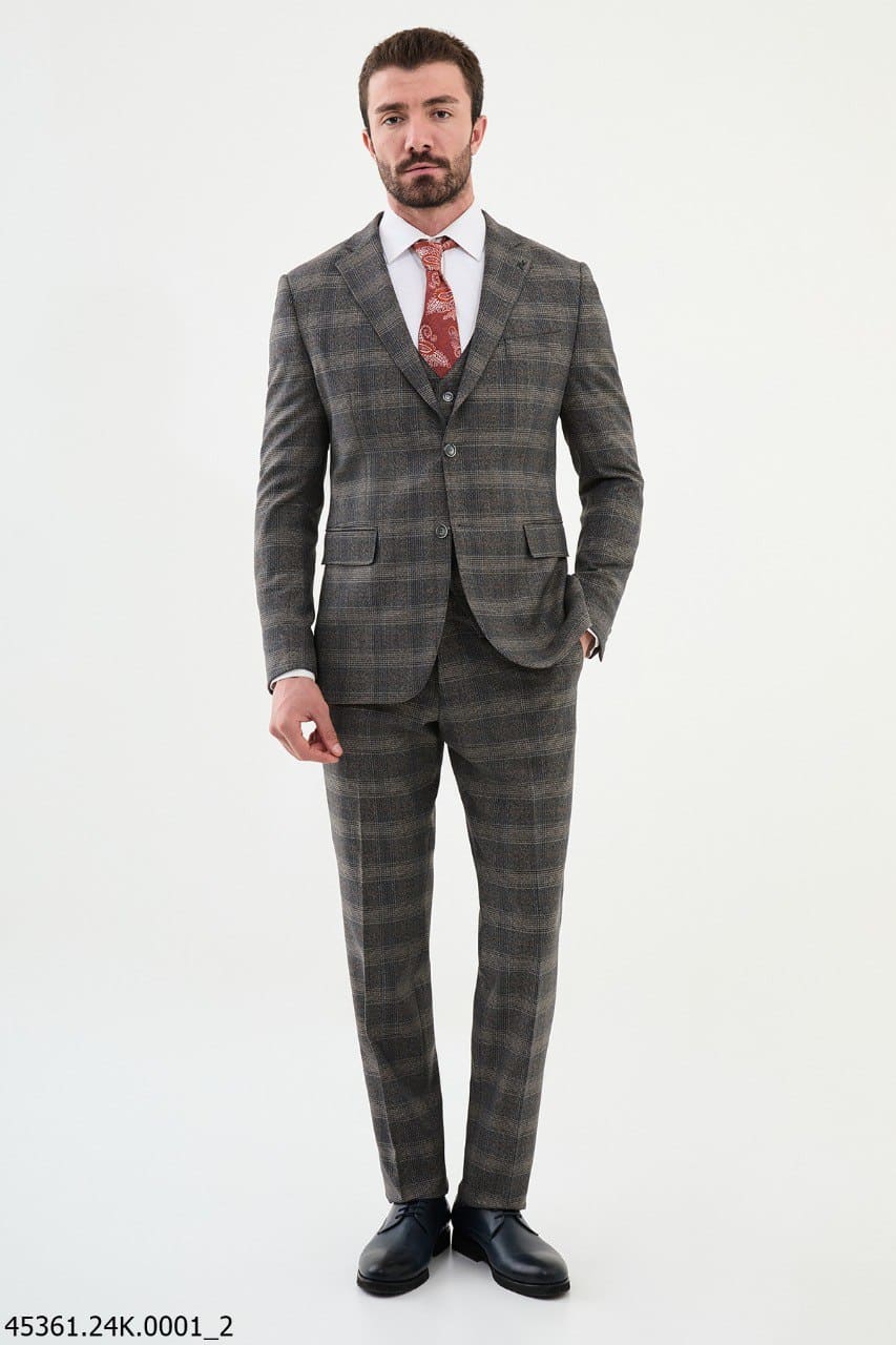 GentWith Ames Beige 3 Piece Glen Plaid Wool Suit