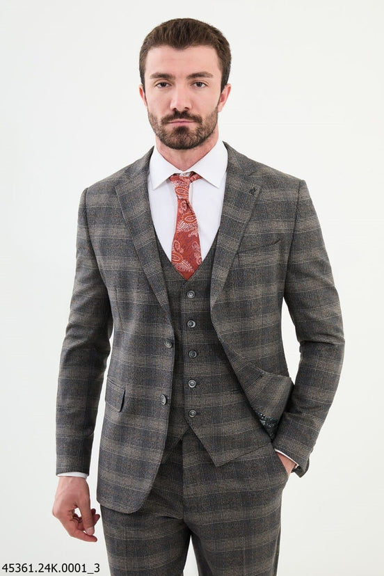 Beige 3 Piece Glen Plaid Wool Suit