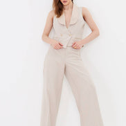 Beige Pinstripe Cropped Vest Suit Set