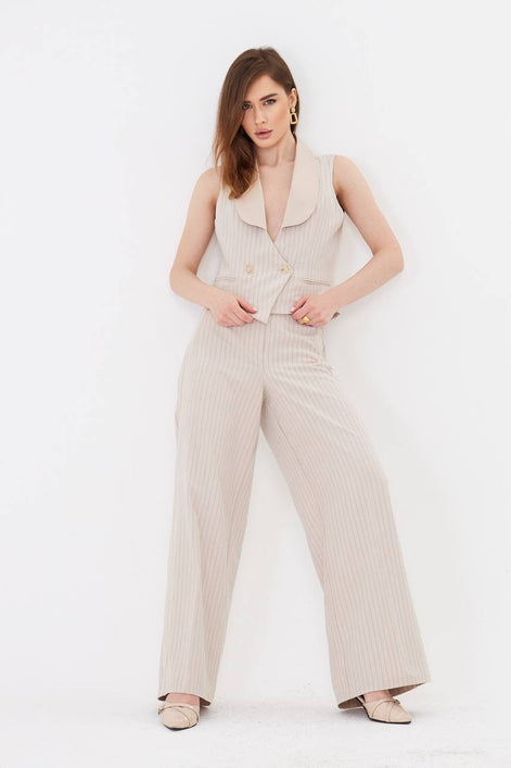 Beige Pinstripe Cropped Vest Suit Set