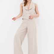 Beige Pinstripe Cropped Vest Suit Set