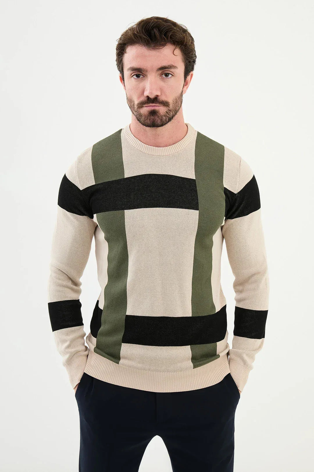Ames Plaid Beige Wool Sweater