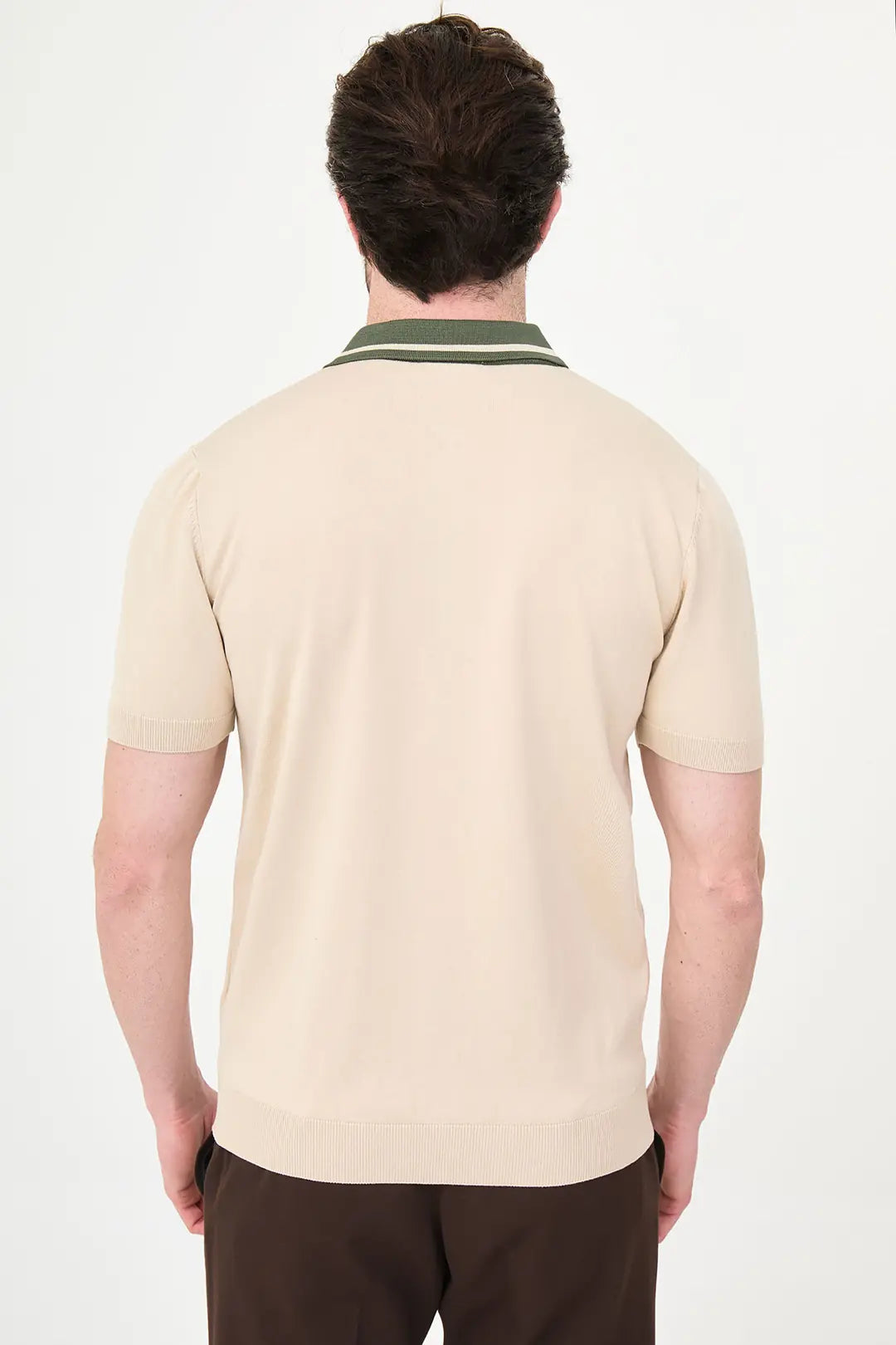 Beige Pointelle Knit Button-Down Polo Shirt