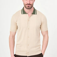 Beige Pointelle Knit Button-Down Polo Shirt