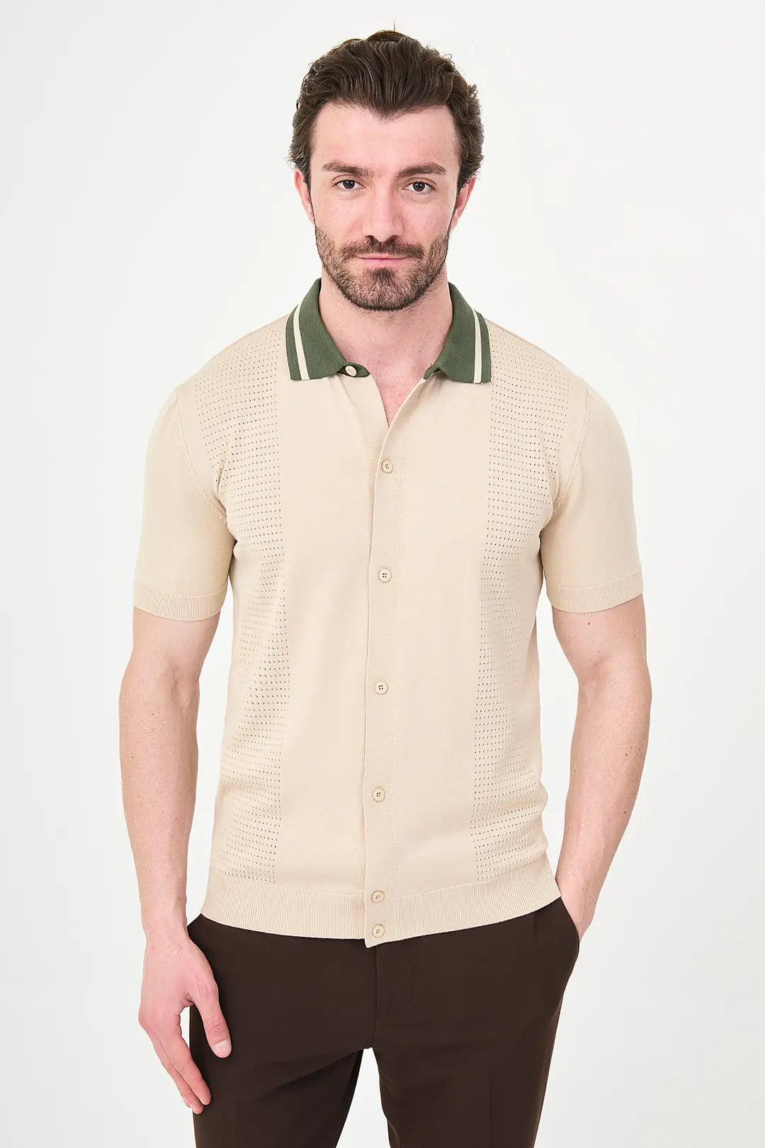 Beige Pointelle Knit Button-Down Polo Shirt