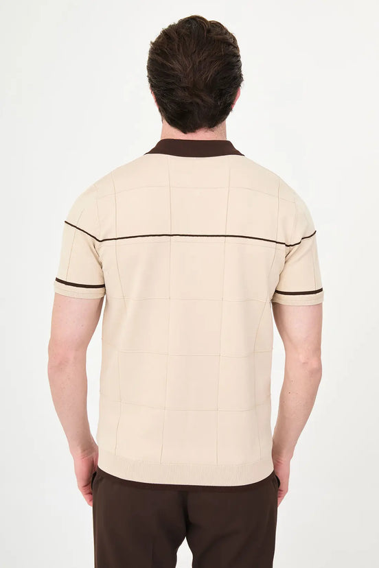 Beige Quilted Knit Full-Zip Polo Shirt