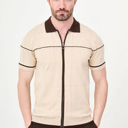 Beige Quilted Knit Full-Zip Polo Shirt