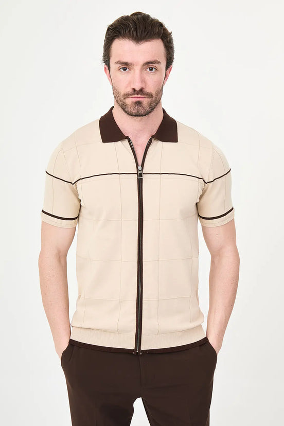 Beige Quilted Knit Full-Zip Polo Shirt