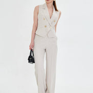 Beige Sleeveless Vest & Wide Leg Pants