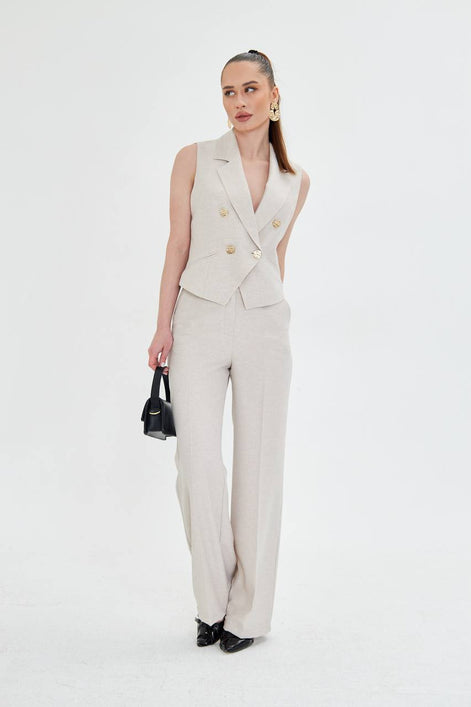 Beige Sleeveless Vest & Wide Leg Pants