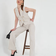 Beige Sleeveless Vest & Wide Leg Pants