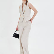 Beige Sleeveless Vest & Wide Leg Pants