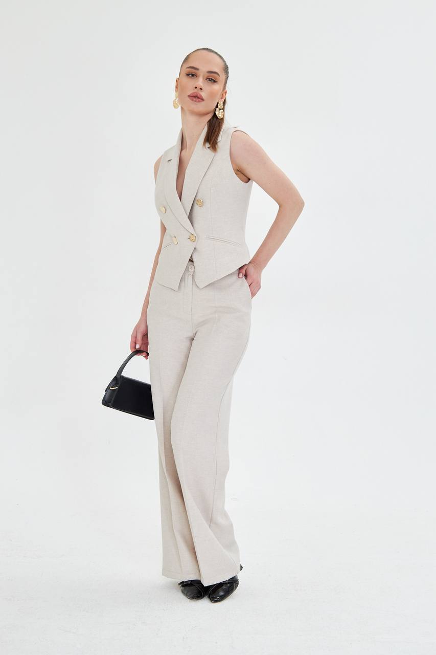 Beige Sleeveless Vest & Wide Leg Pants