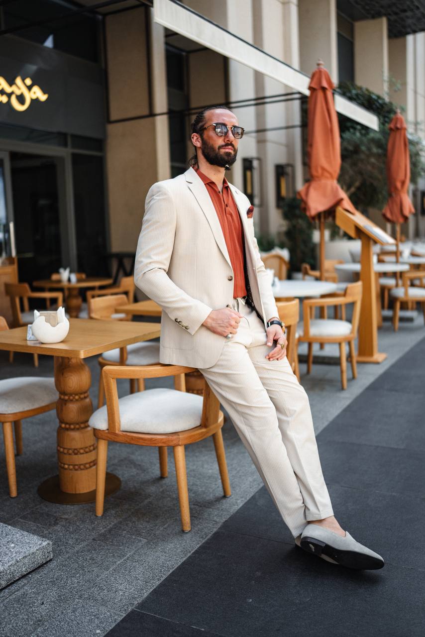 Marion Slim Fit 2 Piece Striped Suit Beige