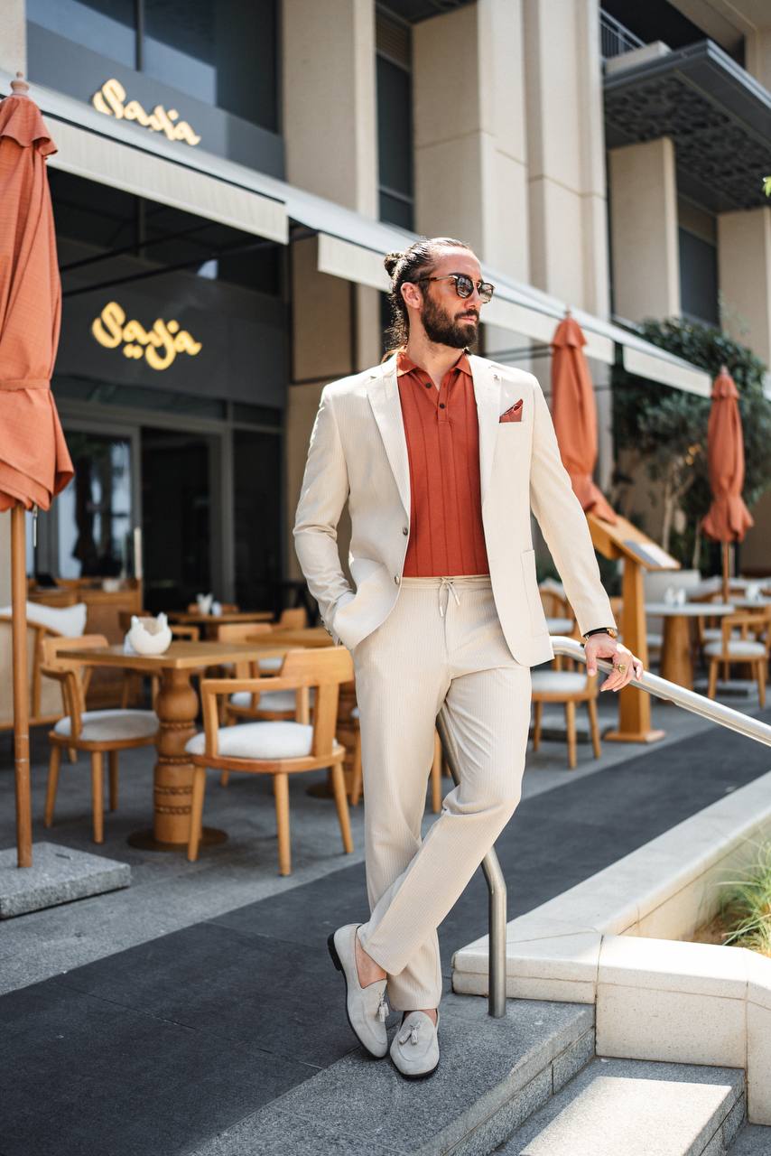 Marion Slim Fit 2 Piece Striped Suit Beige