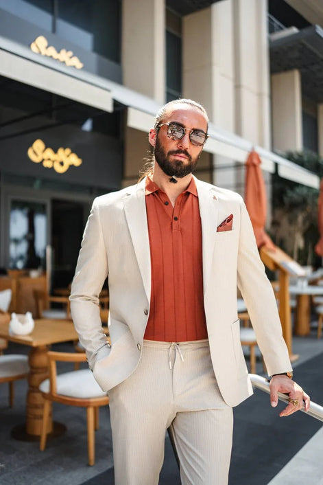 Marion Slim Fit 2 Piece Striped Suit Beige