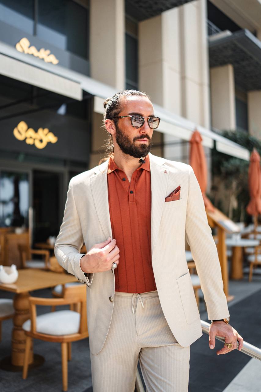 Marion Slim Fit 2 Piece Striped Suit Beige