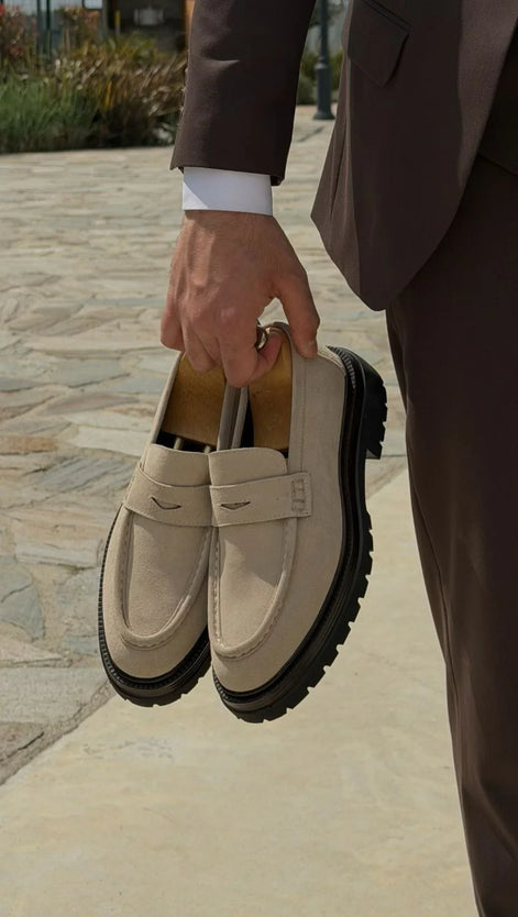 Beige Suede Chunky Penny Loafers