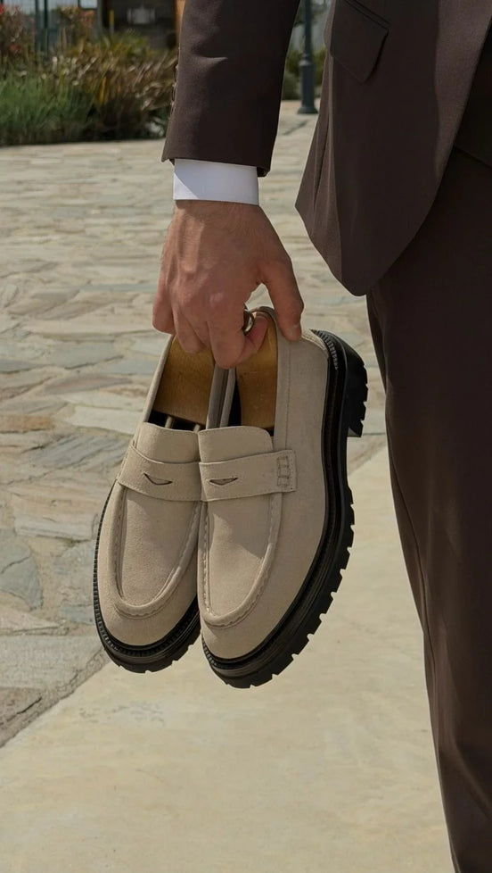 Beige Suede Chunky Penny Loafers