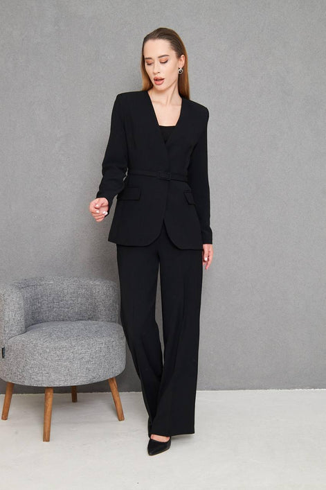 Belted All Black Suit Womens