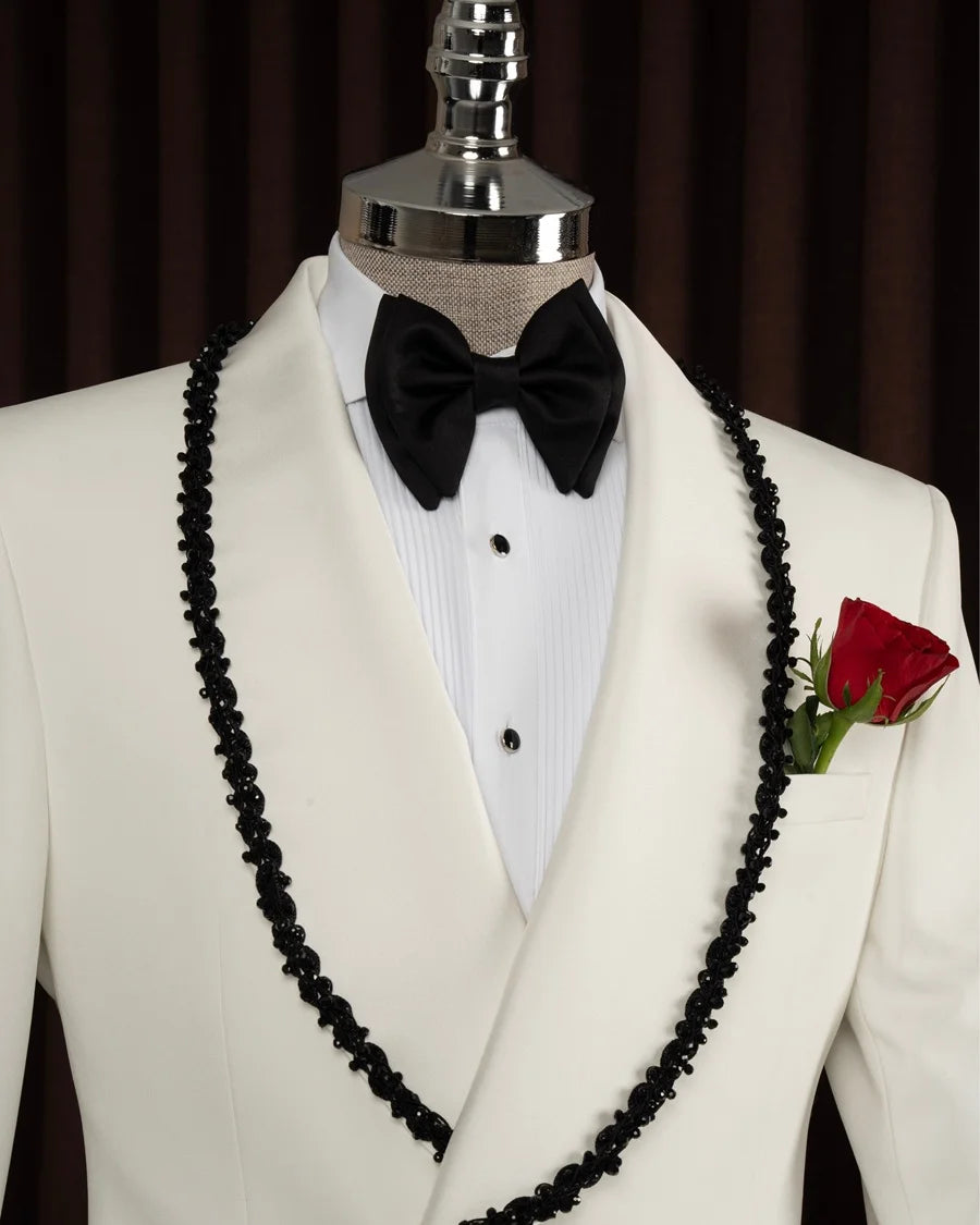 Black Beaded Lapel White Tuxedo