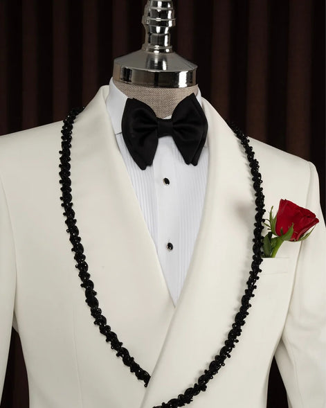 Black Beaded Lapel White Tuxedo