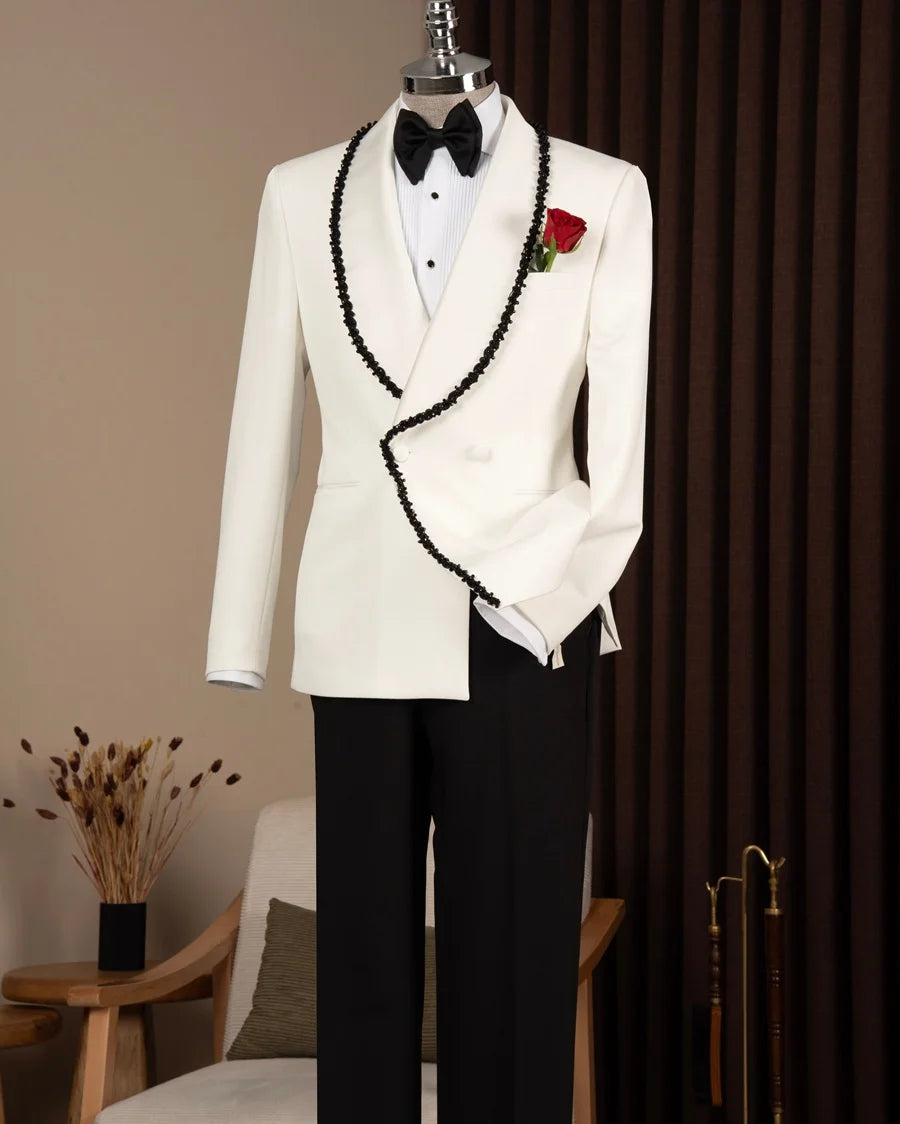 Black Beaded Lapel White Tuxedo