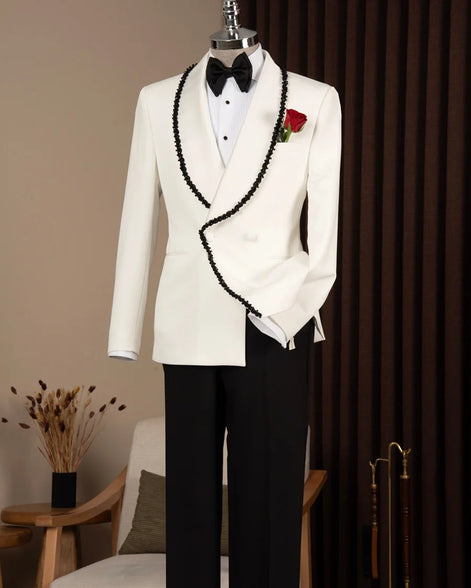 Black Beaded Lapel White Tuxedo