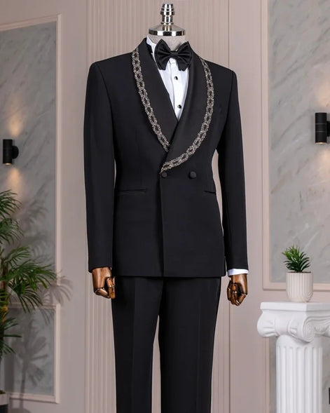 Black Crystal Embellished Shawl Collar Tuxedo