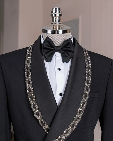 Black Crystal Embellished Shawl Collar Tuxedo