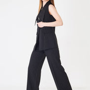 Black Longline Vest Wide Leg Pants Suit Set