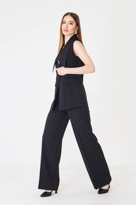 Black Longline Vest Wide Leg Pants Suit Set