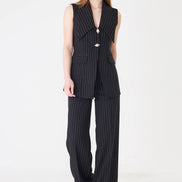 Black Longline Vest Wide Leg Pants Suit Set