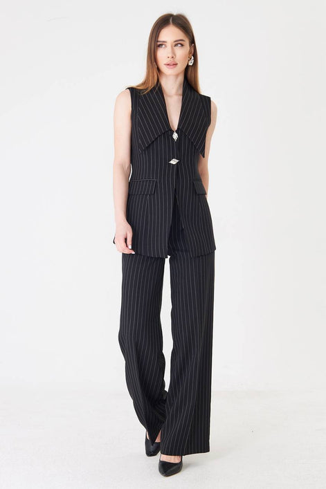 Black Longline Vest Wide Leg Pants Suit Set