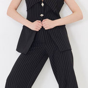 Black Longline Vest Wide Leg Pants Suit Set