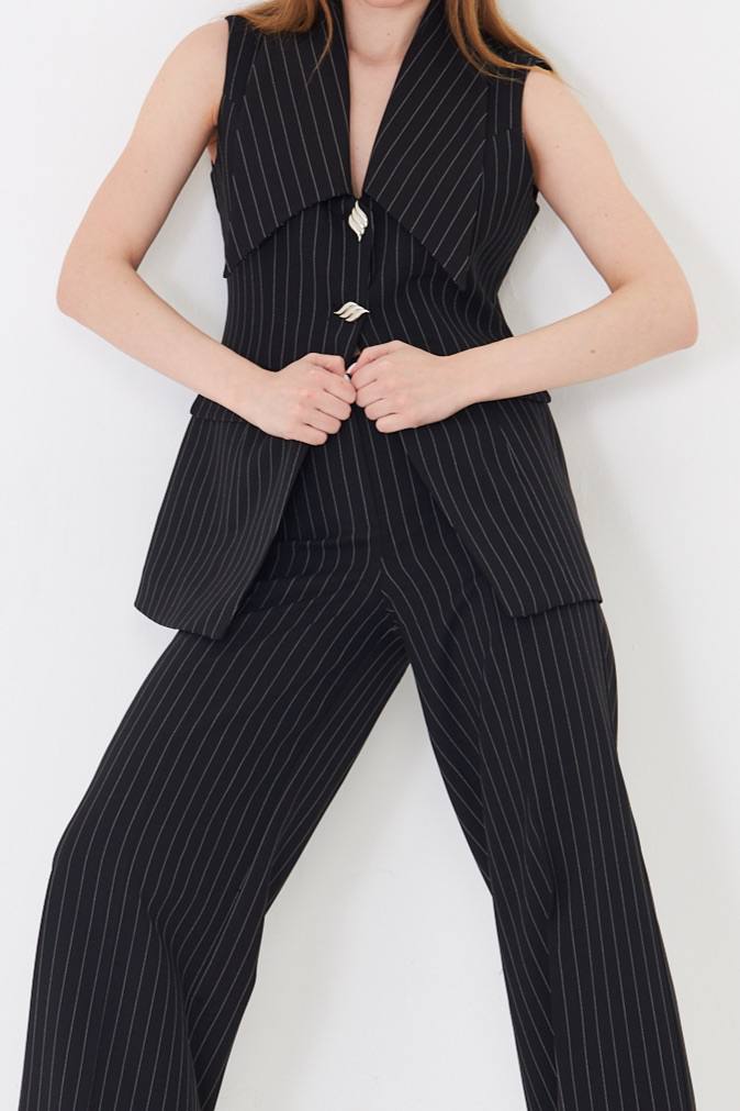 Black Longline Vest Wide Leg Pants Suit Set