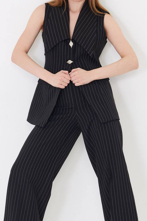Black Longline Vest Wide Leg Pants Suit Set