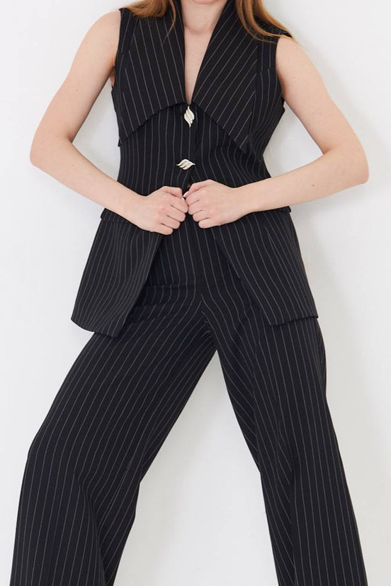 Black Longline Vest Wide Leg Pants Suit Set