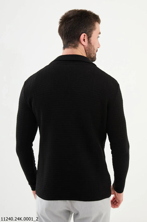 GentWith Tea Notch Collar Double Pocket Knit Black Cardigan