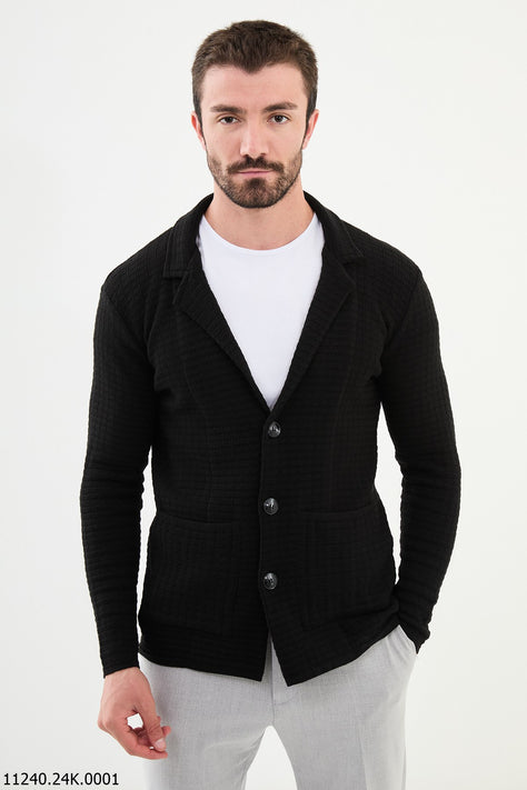 GentWith Tea Notch Collar Double Pocket Knit Black Cardigan