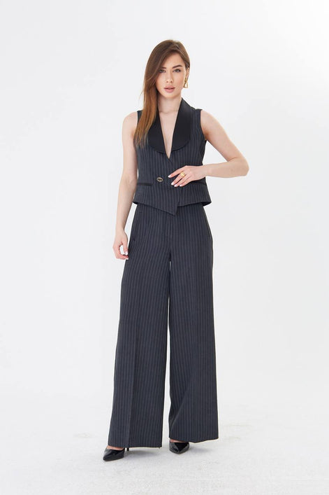 Black Pinstripe Cropped Vest Suit Set