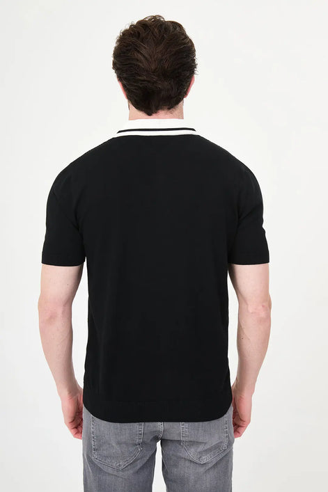 Black Pointelle Knit Button-Down Polo Shirt