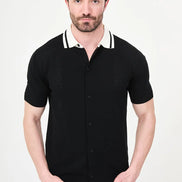 Black Pointelle Knit Button-Down Polo Shirt