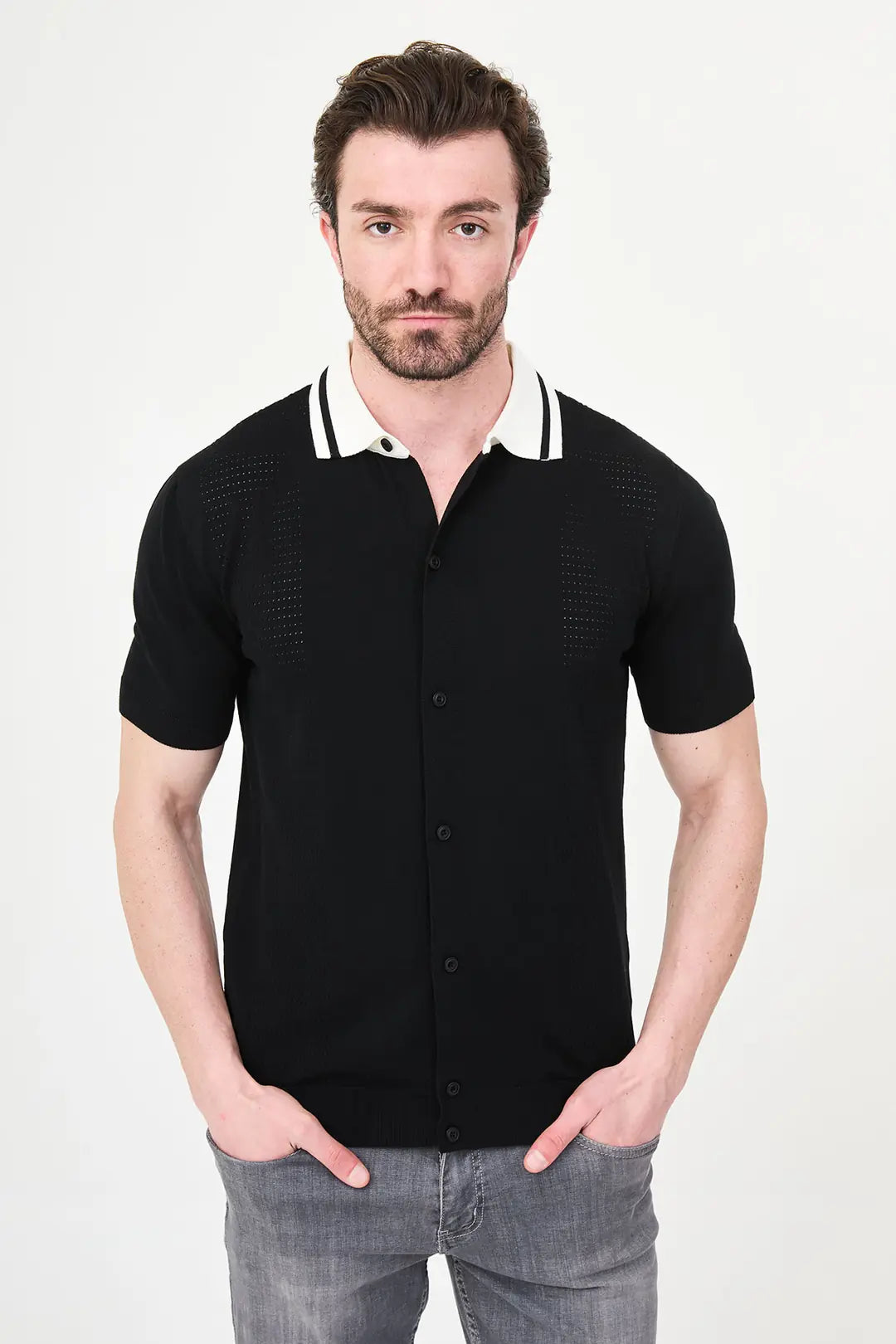 Black Pointelle Knit Button-Down Polo Shirt