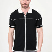 Black Quilted Knit Full-Zip Polo Shirt